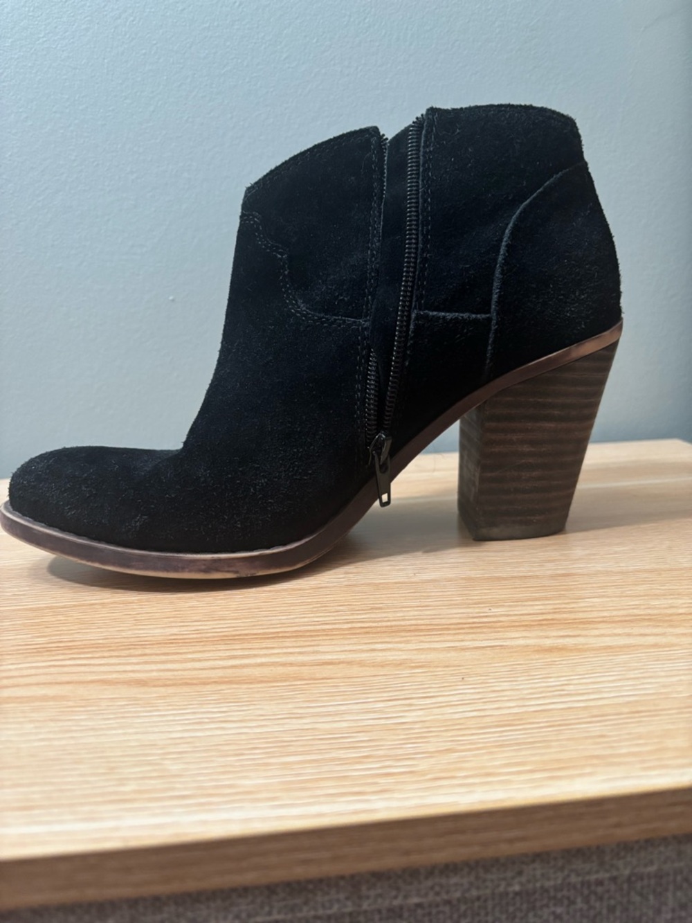 Lucky Brand Black Suede Ankle Bootie with Stacked Heel